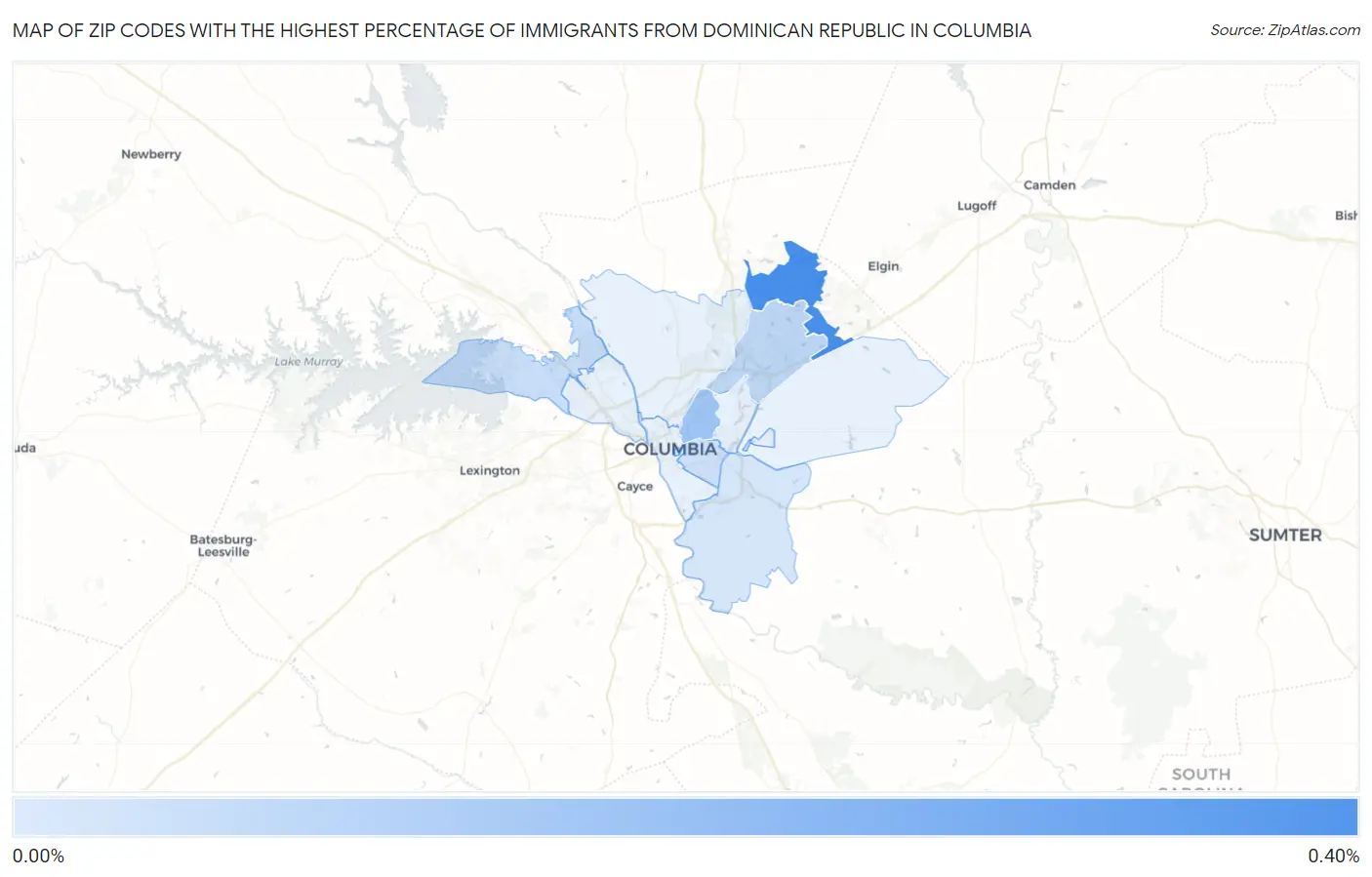 Zip Codes with the Highest Percentage of Immigrants from Dominican Republic in Columbia Map