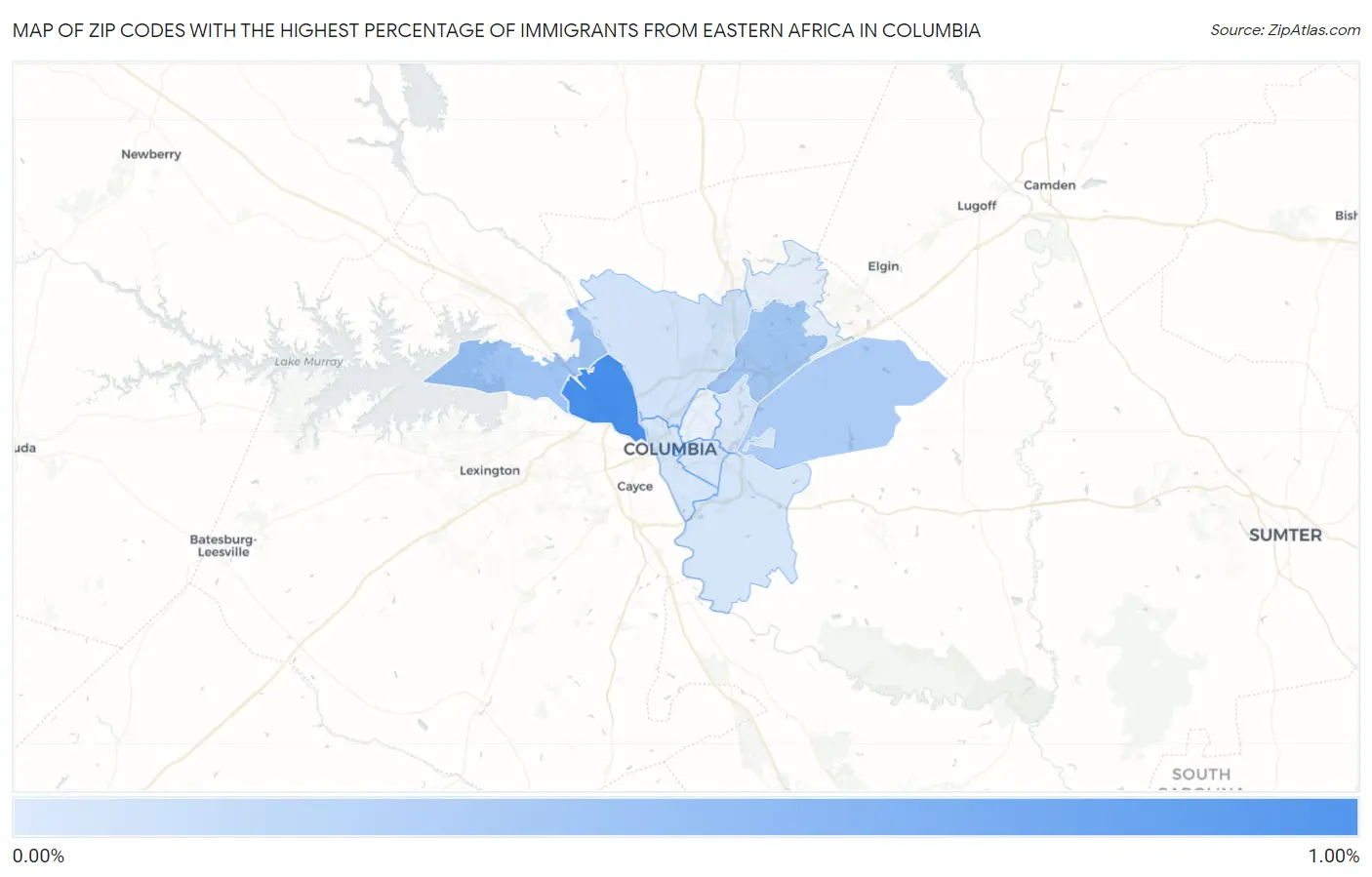 Zip Codes with the Highest Percentage of Immigrants from Eastern Africa in Columbia Map