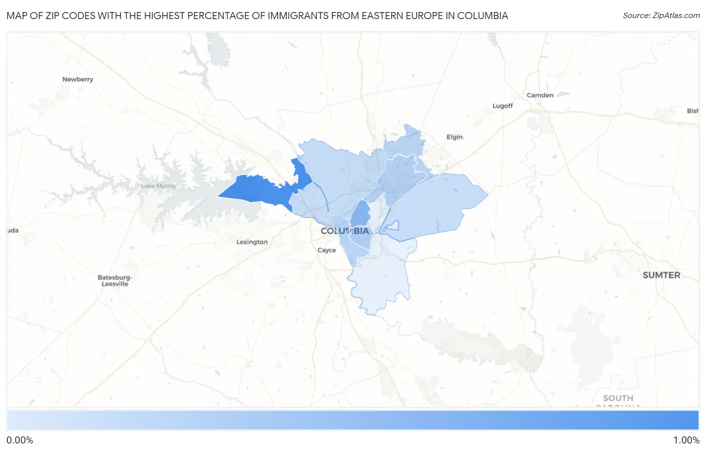 Zip Codes with the Highest Percentage of Immigrants from Eastern Europe in Columbia Map