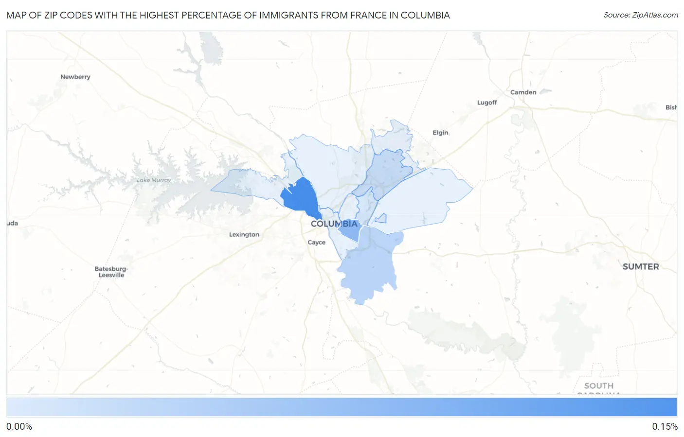 Zip Codes with the Highest Percentage of Immigrants from France in Columbia Map