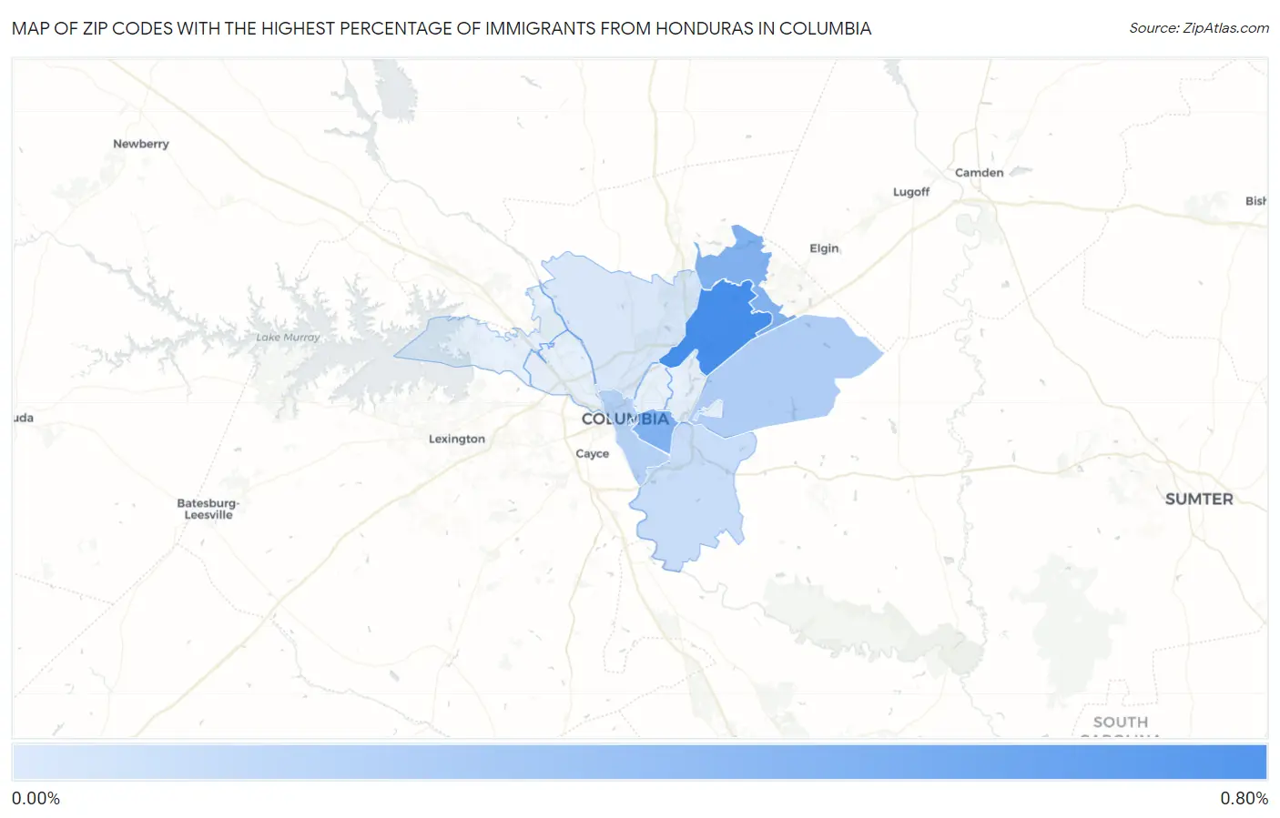Zip Codes with the Highest Percentage of Immigrants from Honduras in Columbia Map