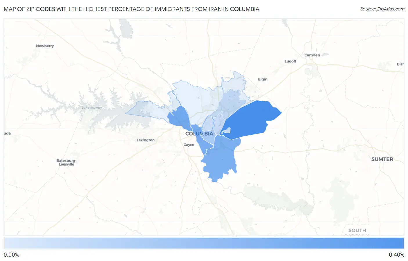 Zip Codes with the Highest Percentage of Immigrants from Iran in Columbia Map
