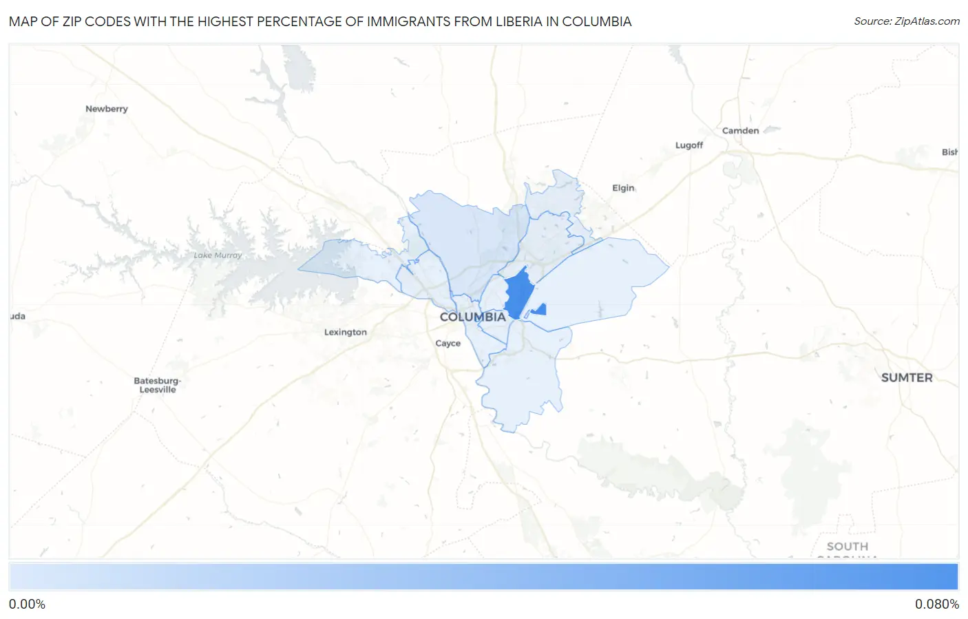 Zip Codes with the Highest Percentage of Immigrants from Liberia in Columbia Map