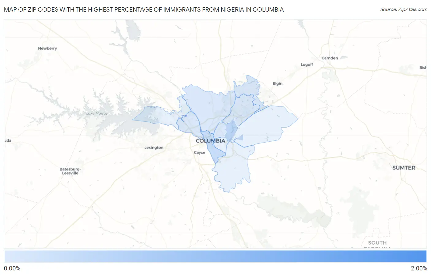 Zip Codes with the Highest Percentage of Immigrants from Nigeria in Columbia Map