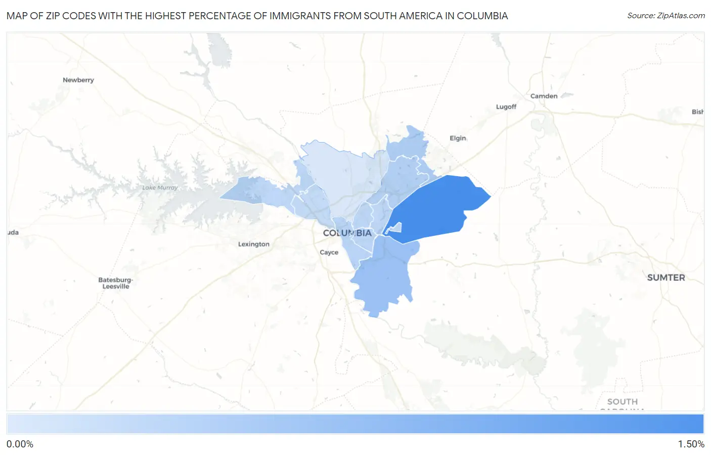 Zip Codes with the Highest Percentage of Immigrants from South America in Columbia Map