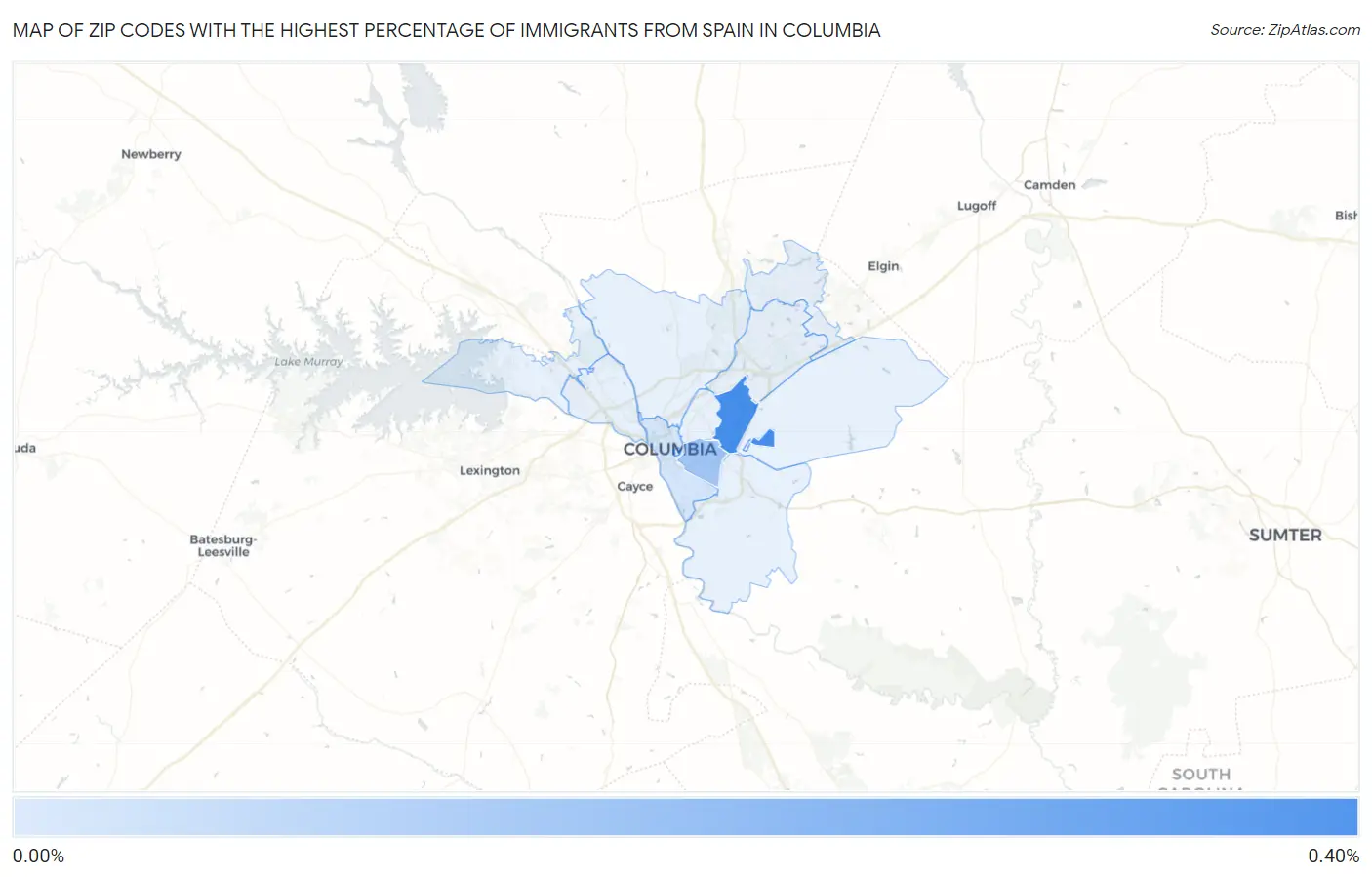 Zip Codes with the Highest Percentage of Immigrants from Spain in Columbia Map