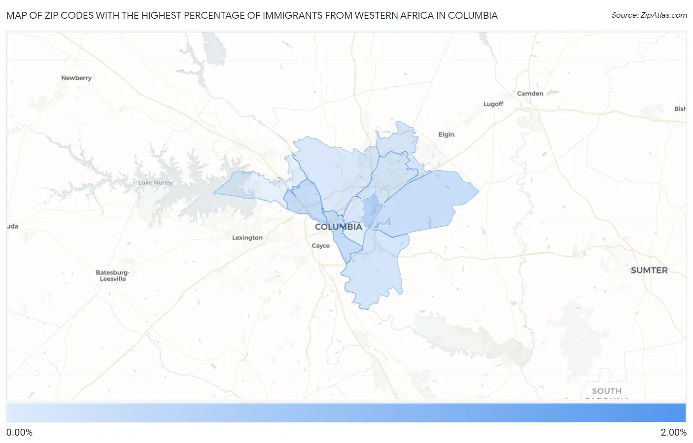 Zip Codes with the Highest Percentage of Immigrants from Western Africa in Columbia Map