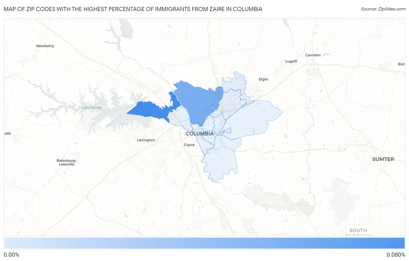 Zip Codes with the Highest Percentage of Immigrants from Zaire in Columbia Map