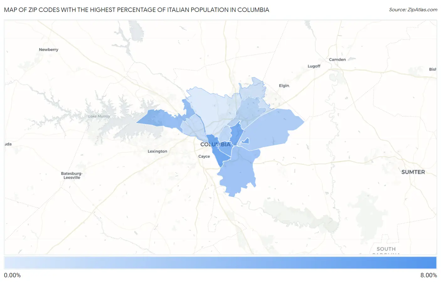 Zip Codes with the Highest Percentage of Italian Population in Columbia Map