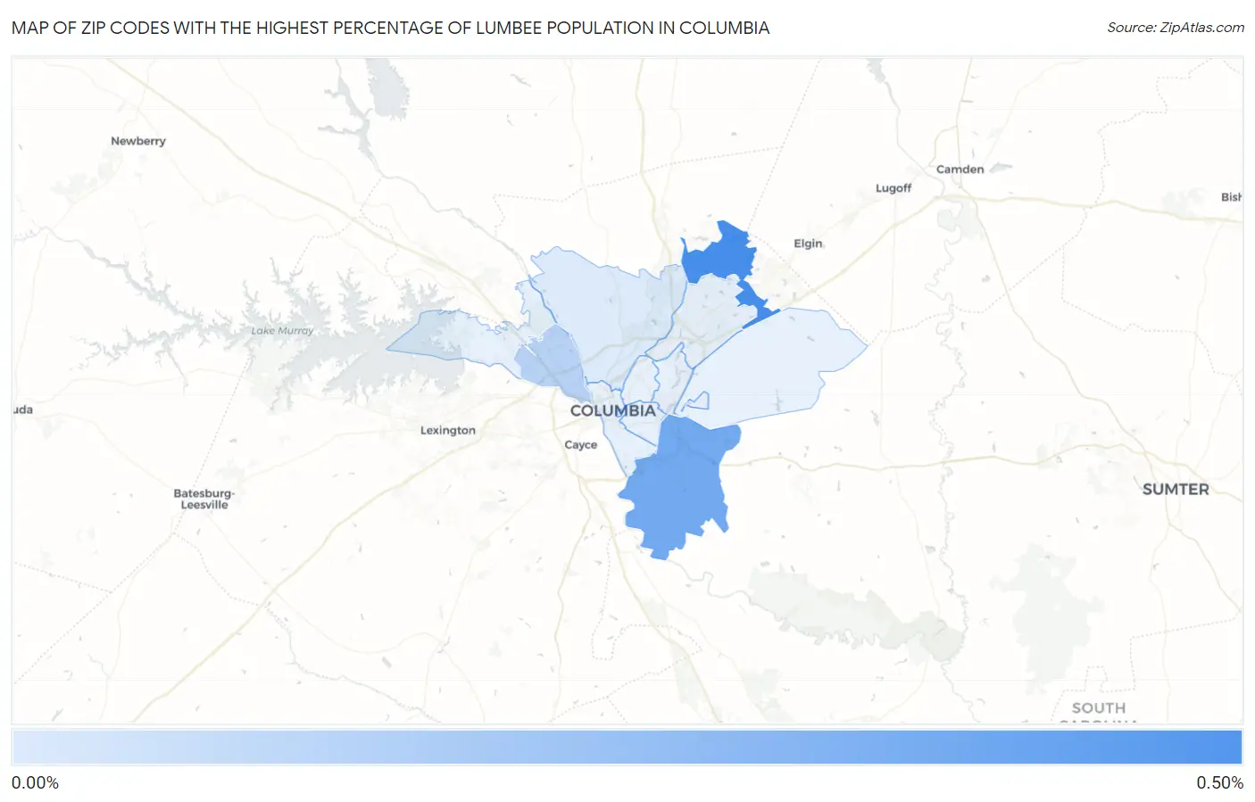 Zip Codes with the Highest Percentage of Lumbee Population in Columbia Map