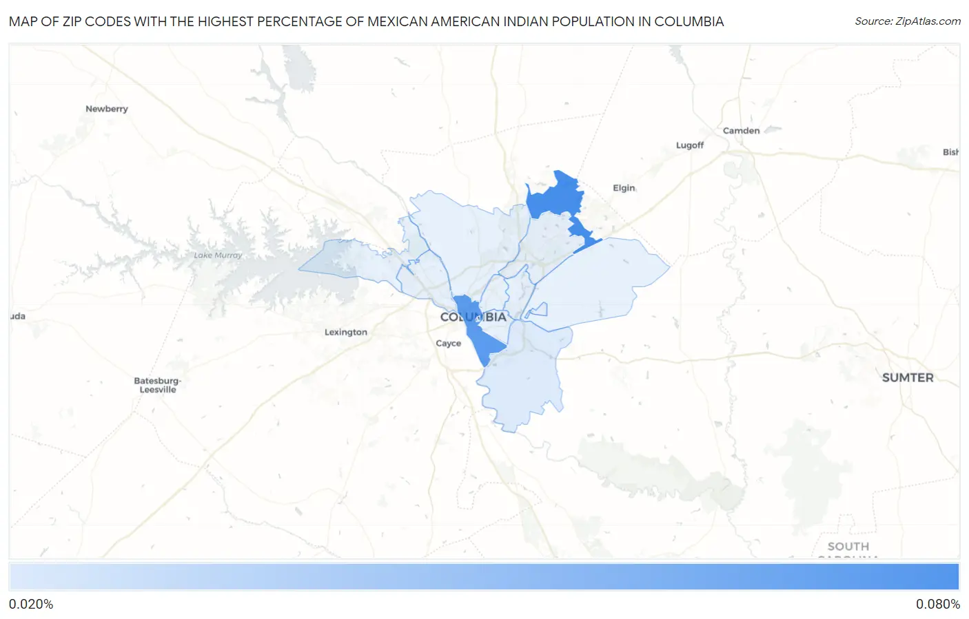 Zip Codes with the Highest Percentage of Mexican American Indian Population in Columbia Map