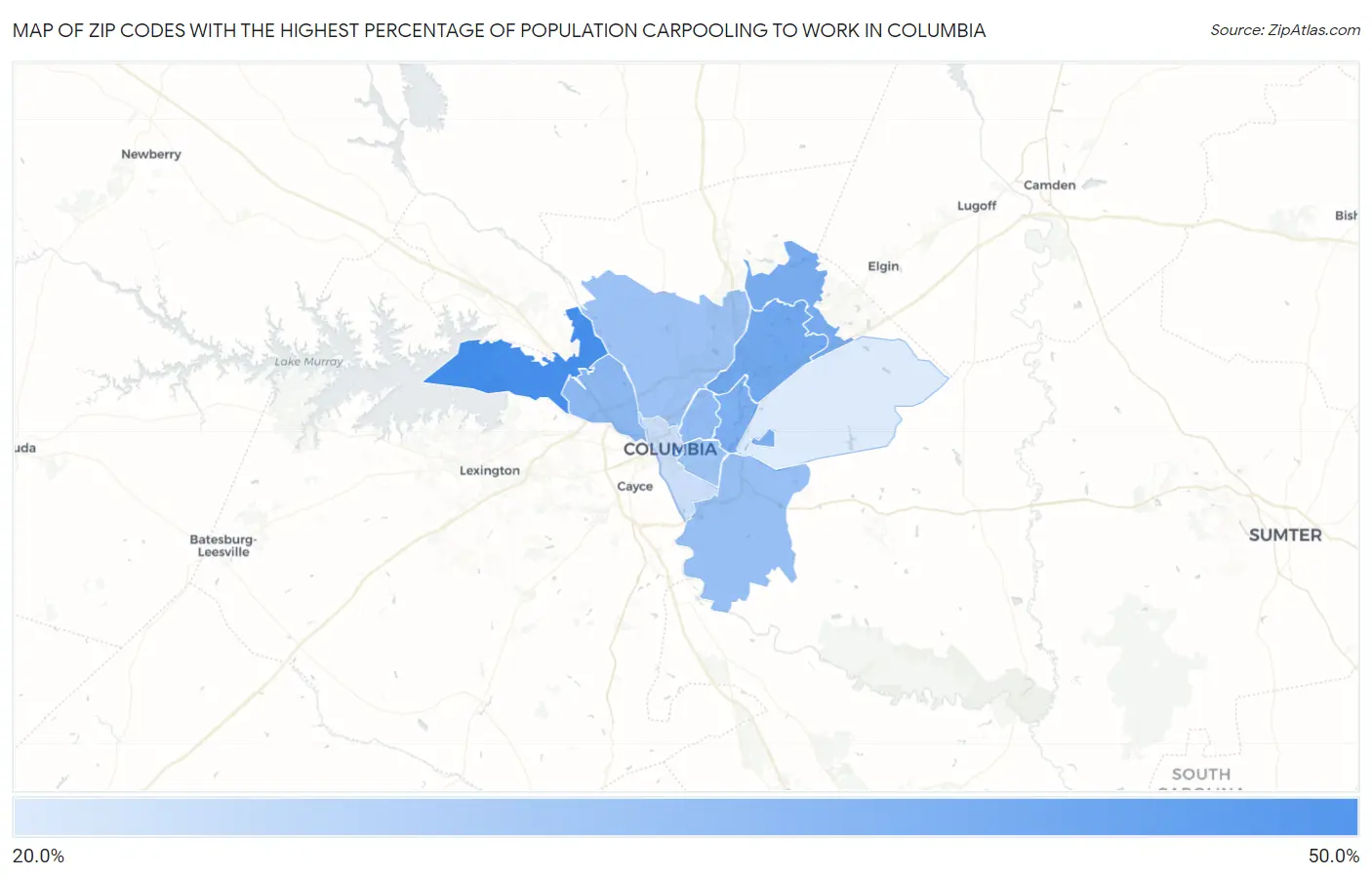 Zip Codes with the Highest Percentage of Population Carpooling to Work in Columbia Map