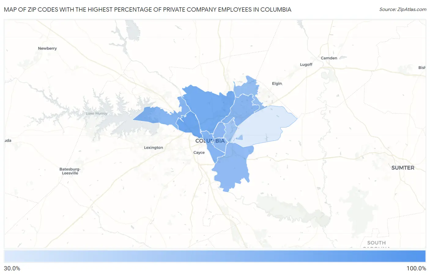 Zip Codes with the Highest Percentage of Private Company Employees in Columbia Map