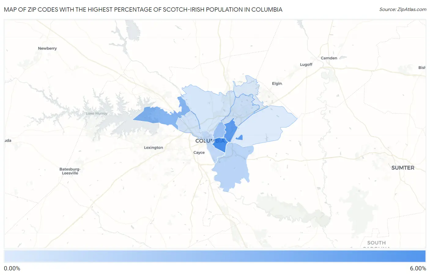Zip Codes with the Highest Percentage of Scotch-Irish Population in Columbia Map