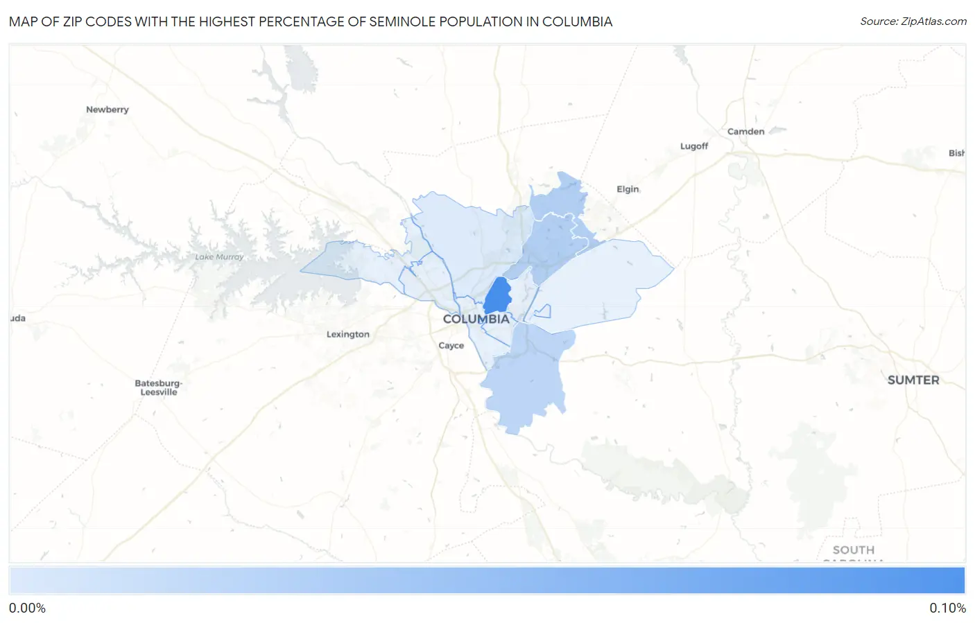 Zip Codes with the Highest Percentage of Seminole Population in Columbia Map