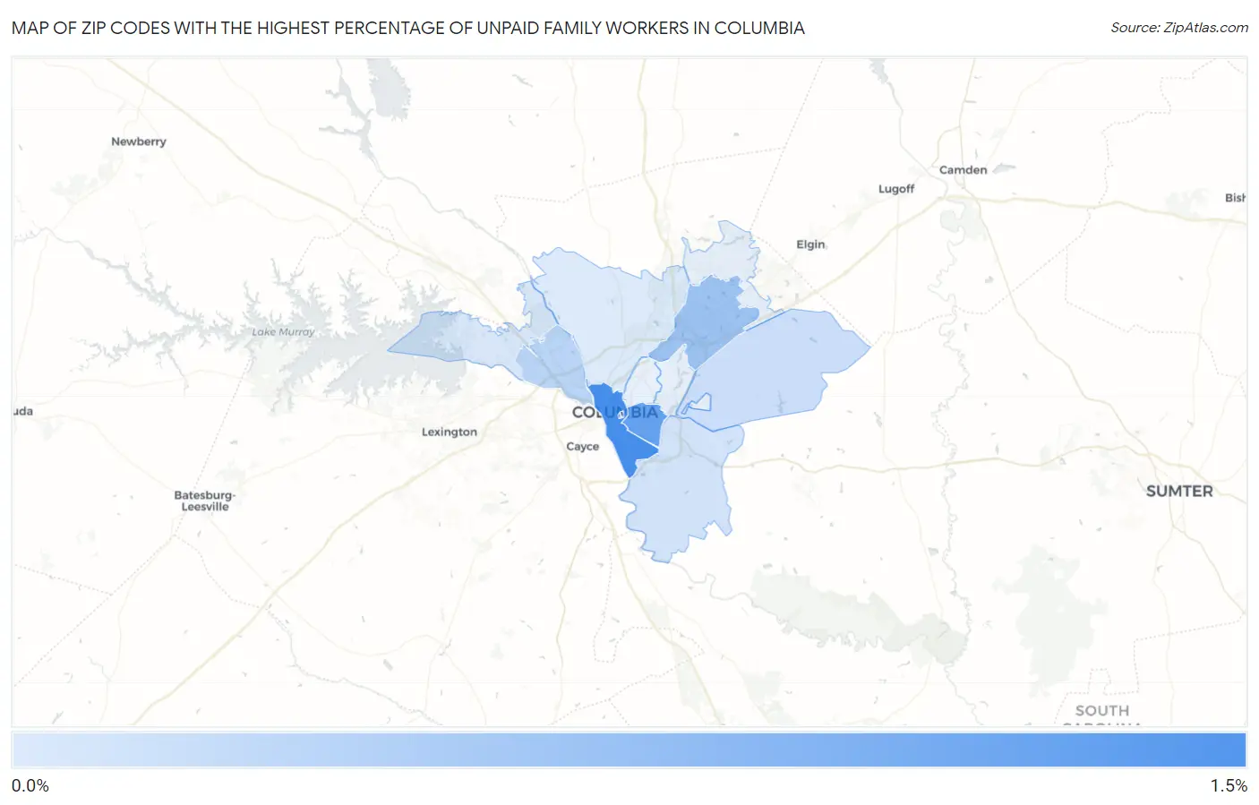 Zip Codes with the Highest Percentage of Unpaid Family Workers in Columbia Map
