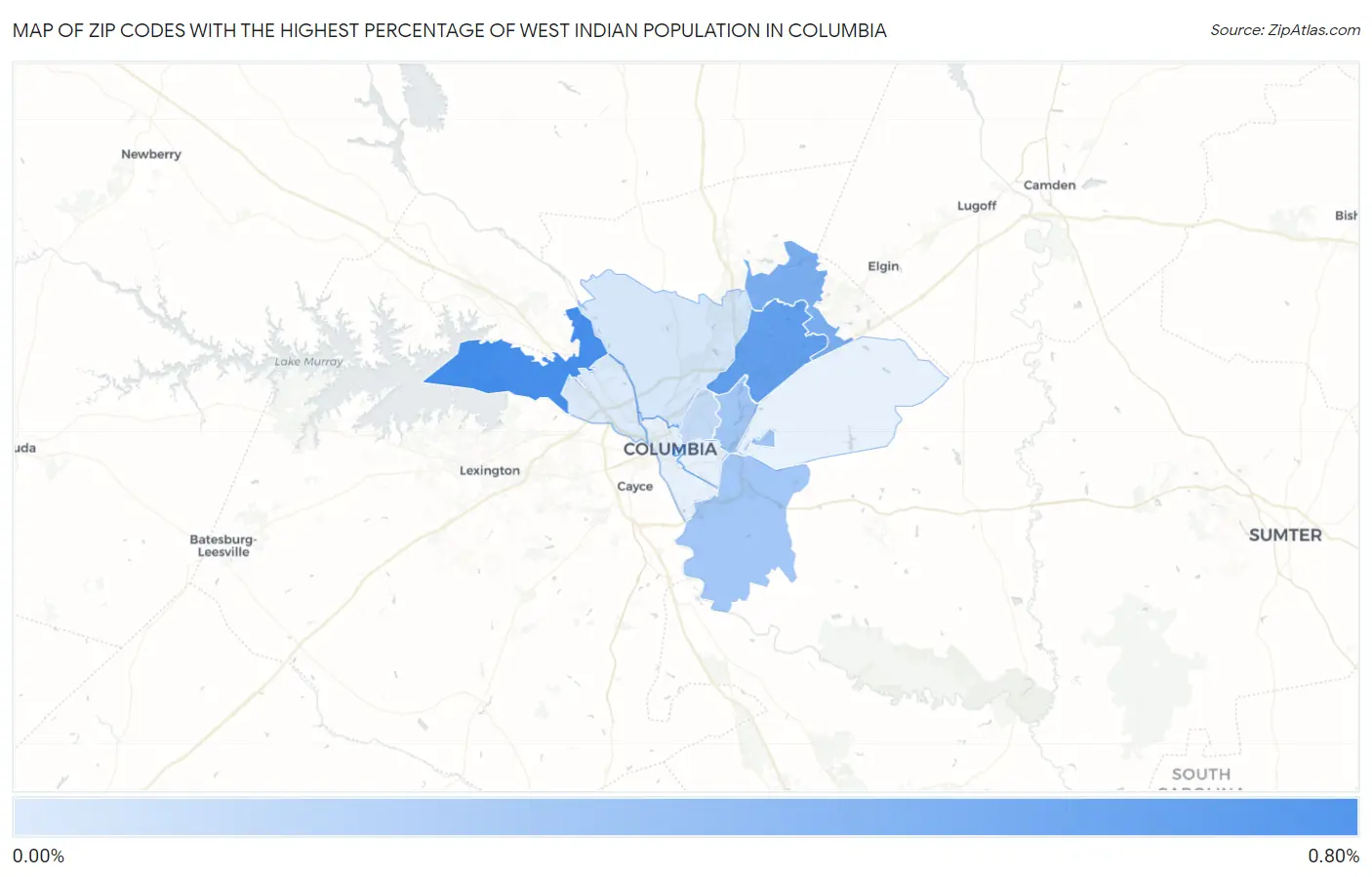 Zip Codes with the Highest Percentage of West Indian Population in Columbia Map