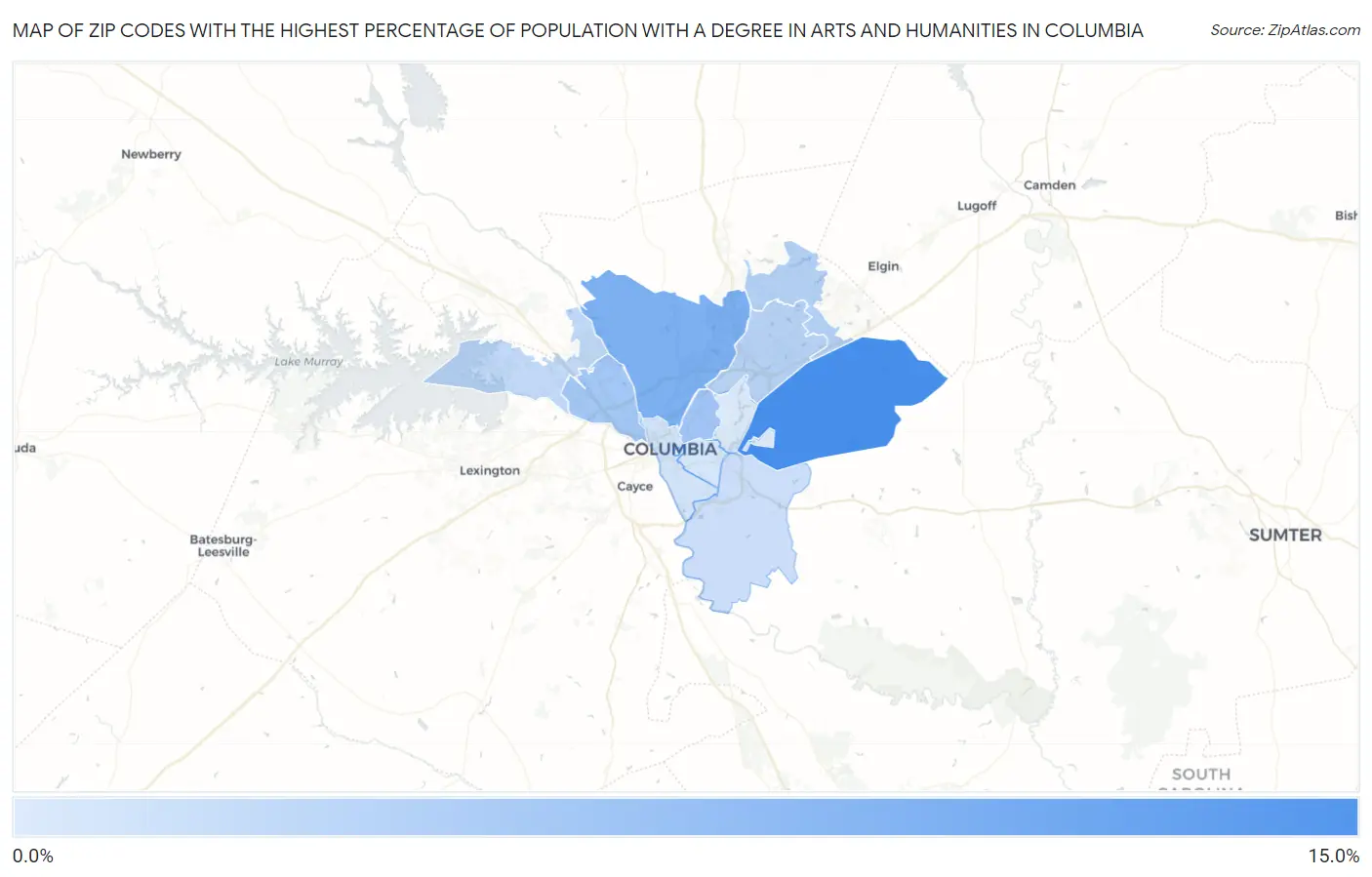 Zip Codes with the Highest Percentage of Population with a Degree in Arts and Humanities in Columbia Map