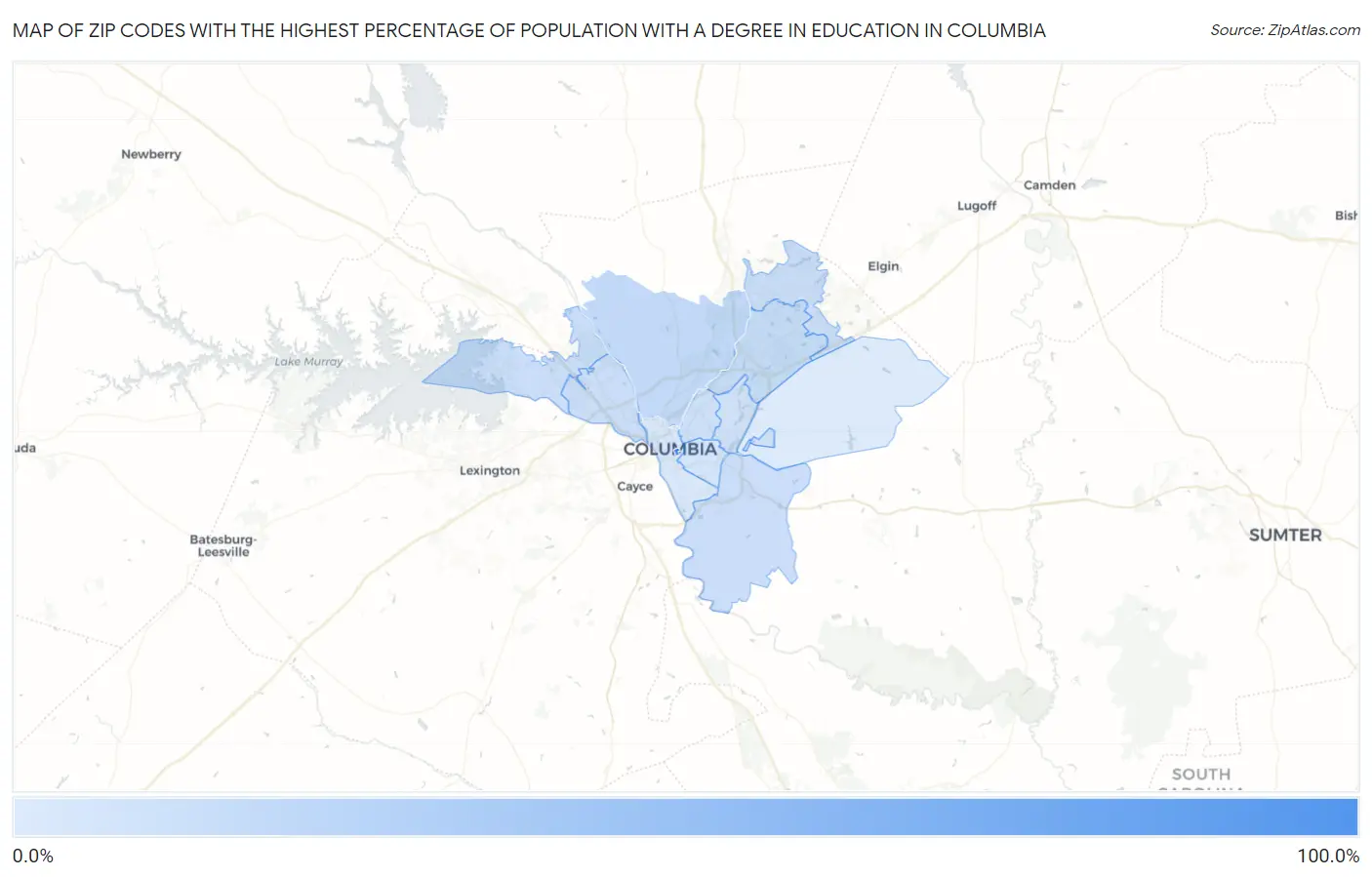 Zip Codes with the Highest Percentage of Population with a Degree in Education in Columbia Map
