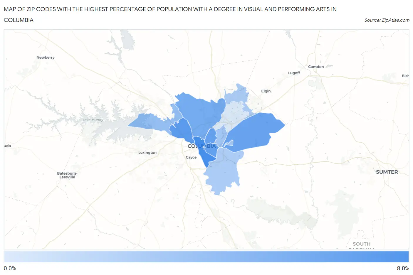 Zip Codes with the Highest Percentage of Population with a Degree in Visual and Performing Arts in Columbia Map