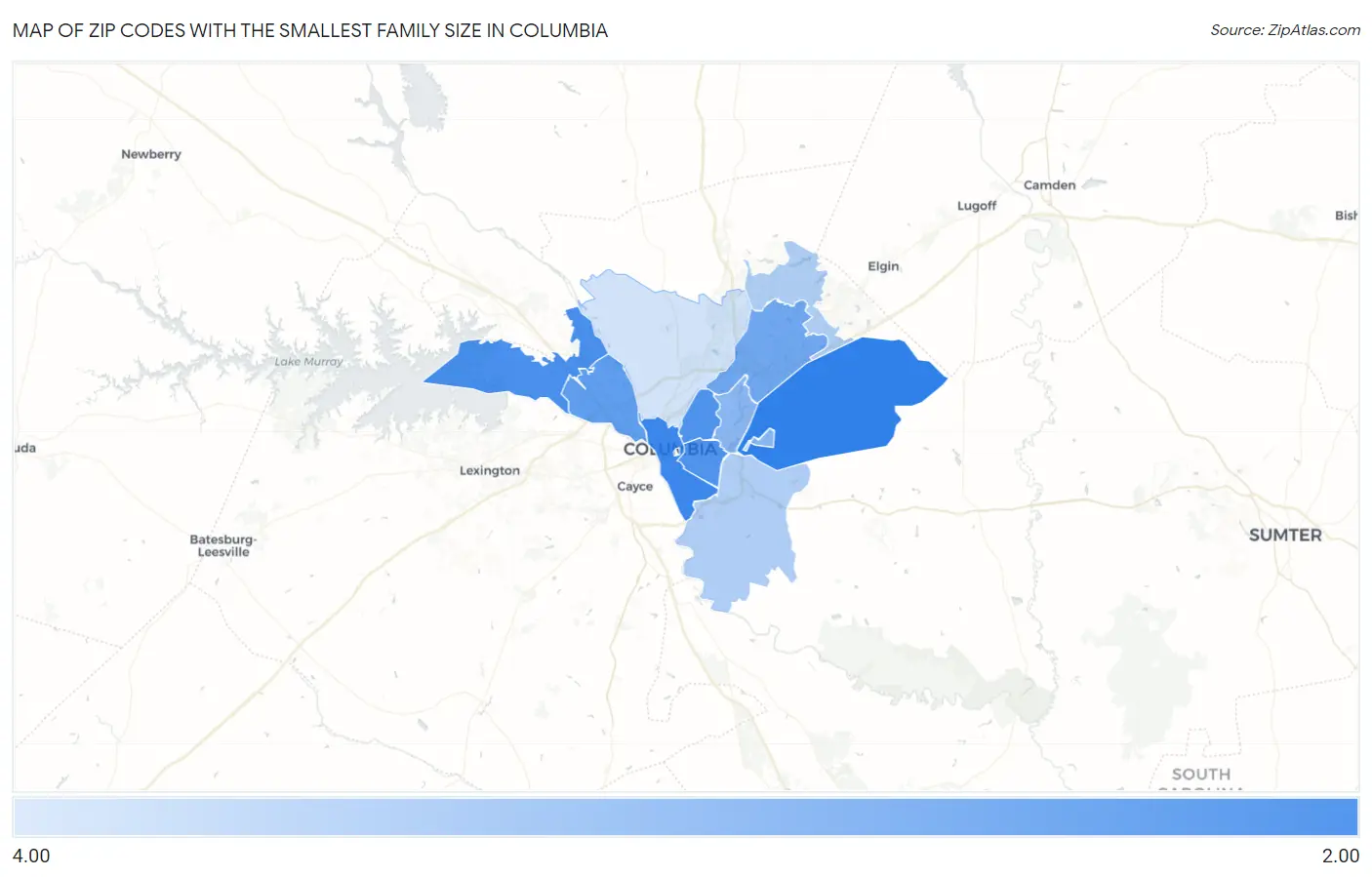 Zip Codes with the Smallest Family Size in Columbia Map