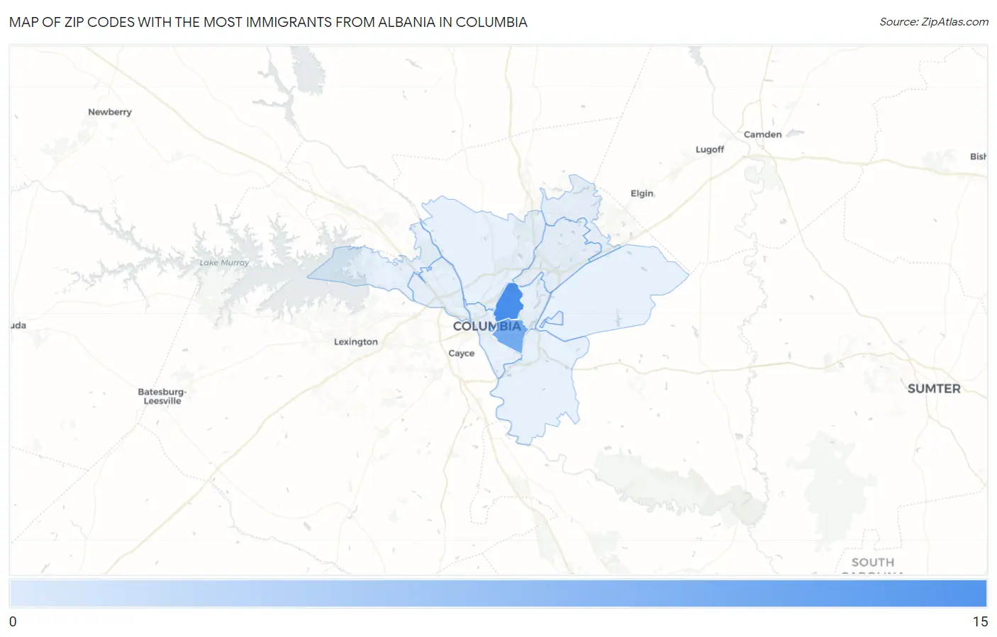 Zip Codes with the Most Immigrants from Albania in Columbia Map