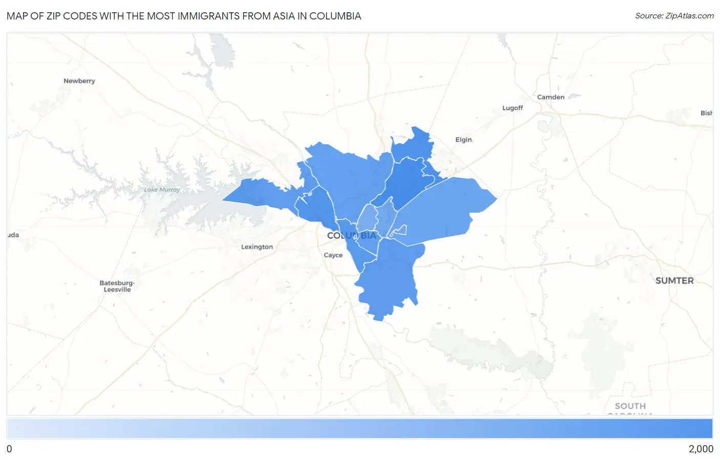Zip Codes with the Most Immigrants from Asia in Columbia Map
