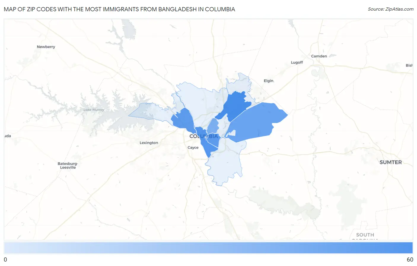 Zip Codes with the Most Immigrants from Bangladesh in Columbia Map