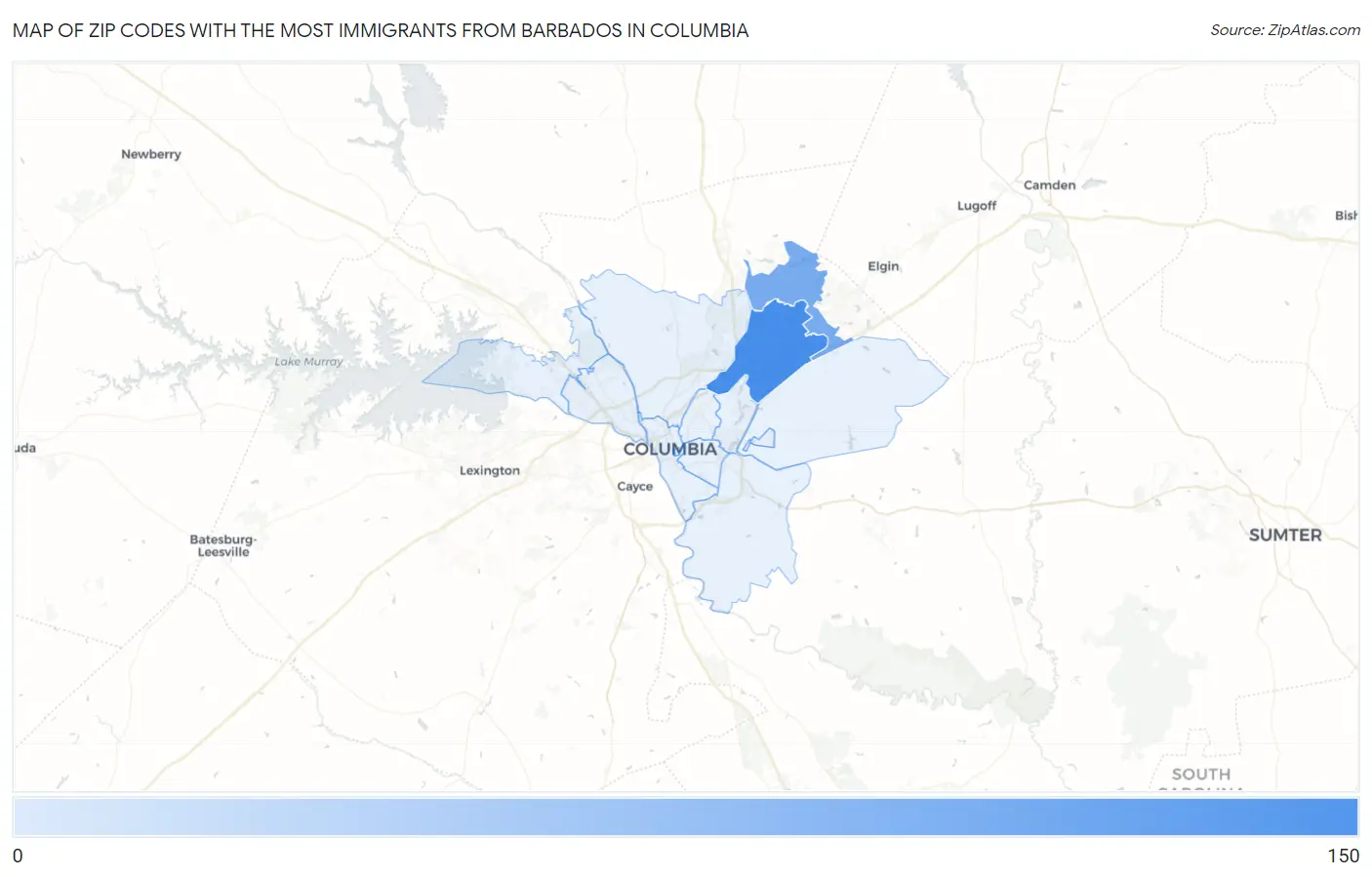 Zip Codes with the Most Immigrants from Barbados in Columbia Map