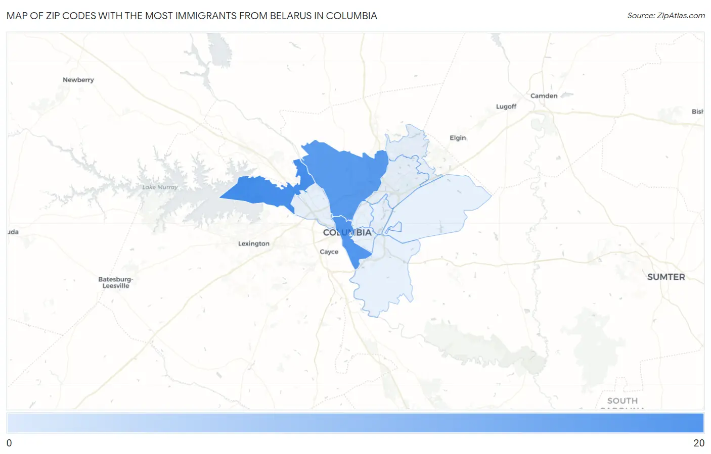 Zip Codes with the Most Immigrants from Belarus in Columbia Map