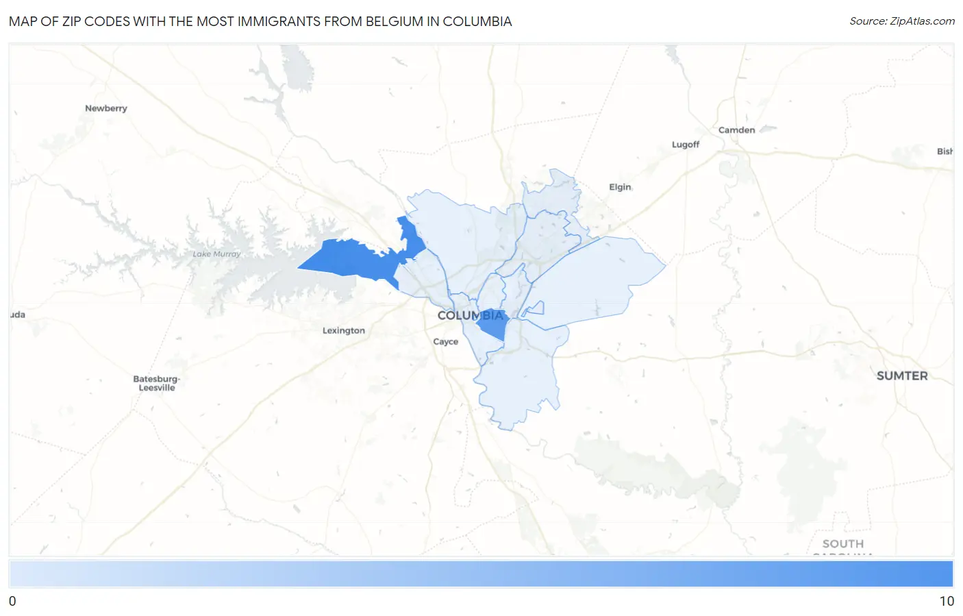 Zip Codes with the Most Immigrants from Belgium in Columbia Map