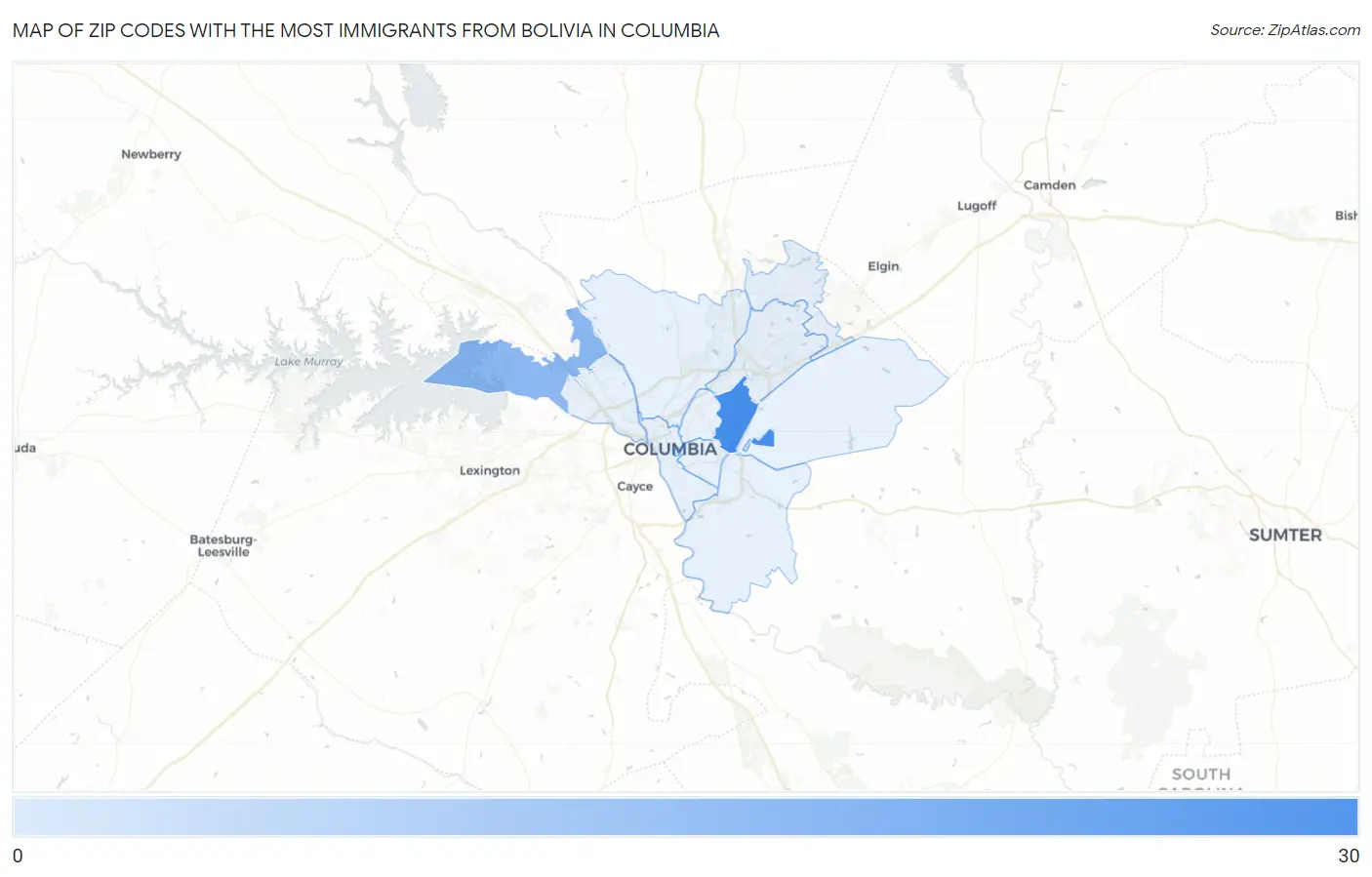 Zip Codes with the Most Immigrants from Bolivia in Columbia Map