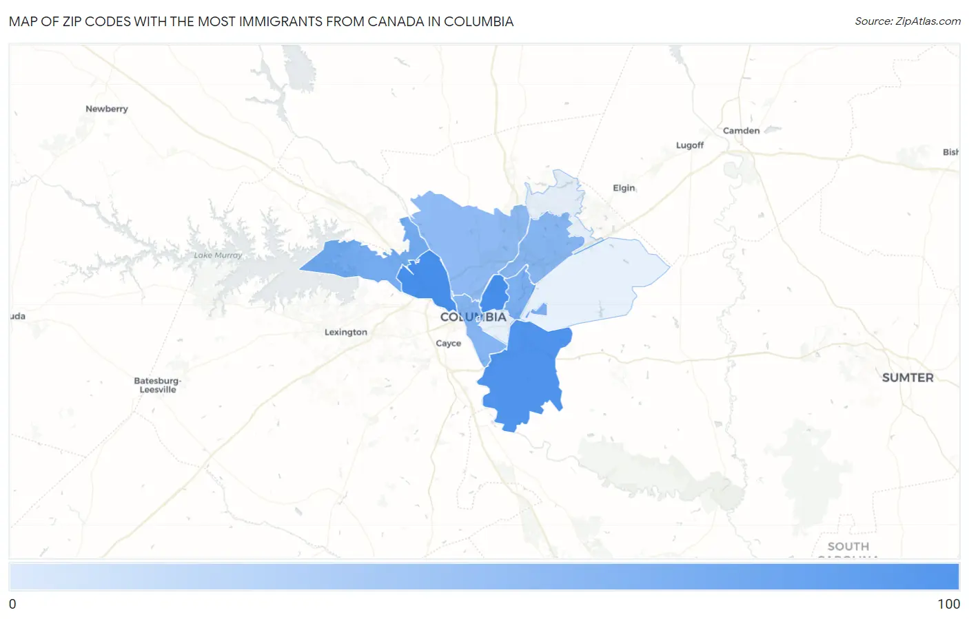 Zip Codes with the Most Immigrants from Canada in Columbia Map