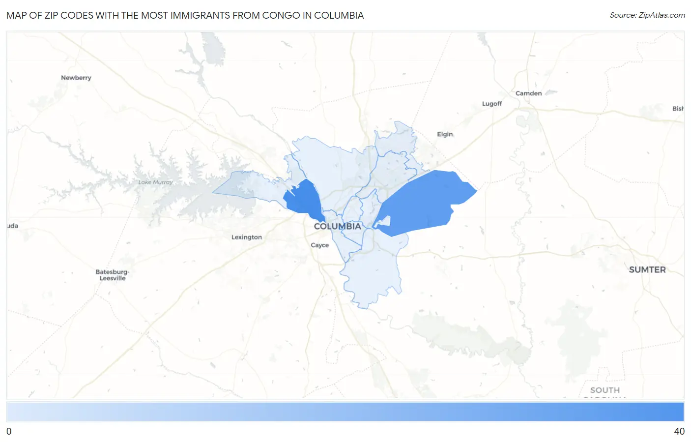 Zip Codes with the Most Immigrants from Congo in Columbia Map