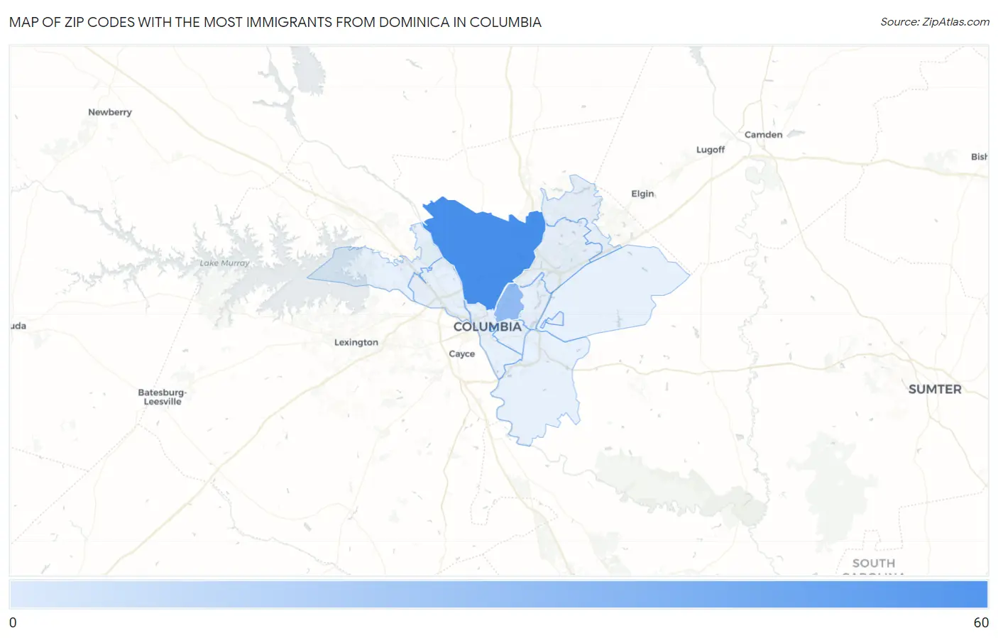 Zip Codes with the Most Immigrants from Dominica in Columbia Map