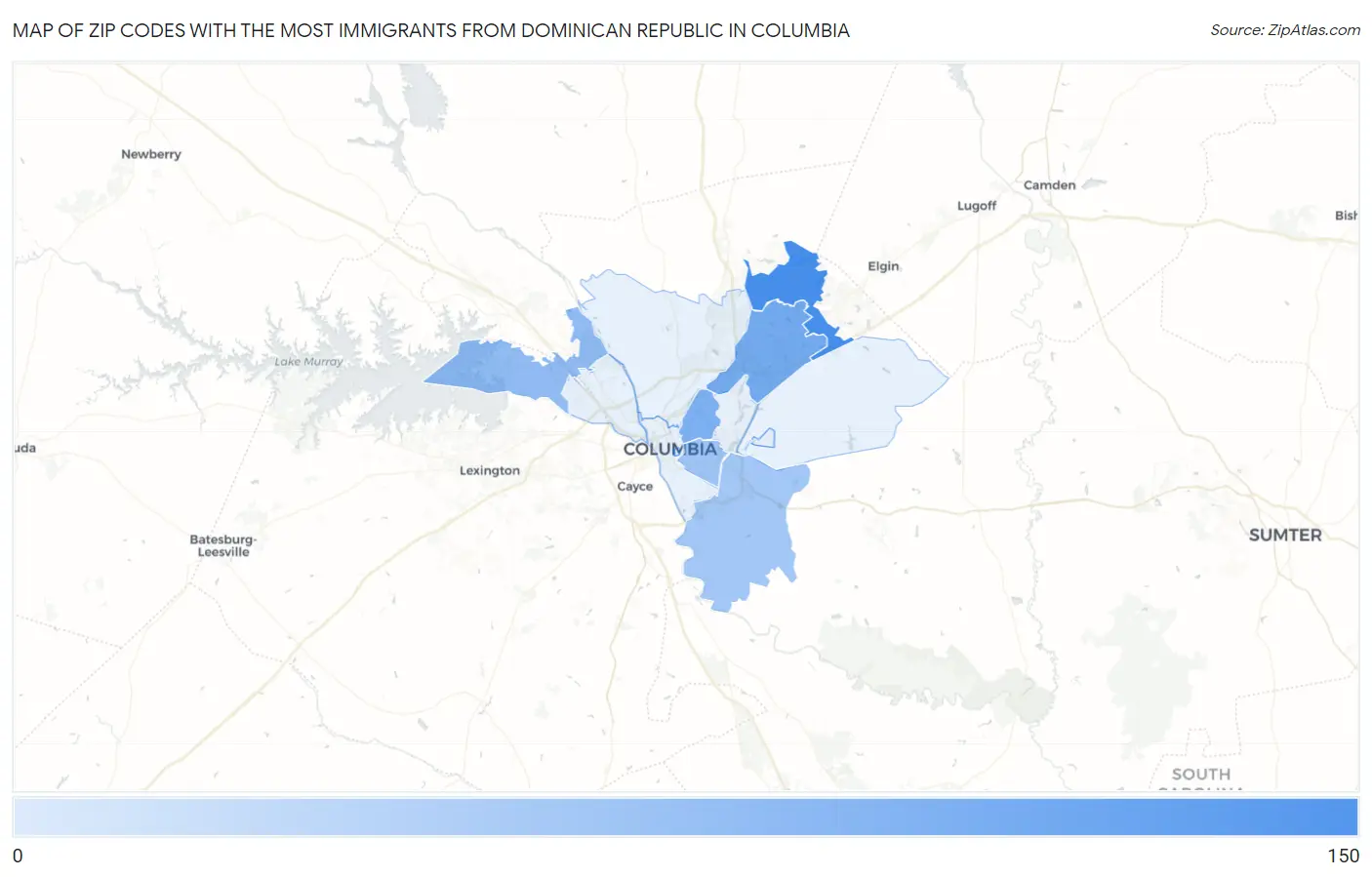 Zip Codes with the Most Immigrants from Dominican Republic in Columbia Map