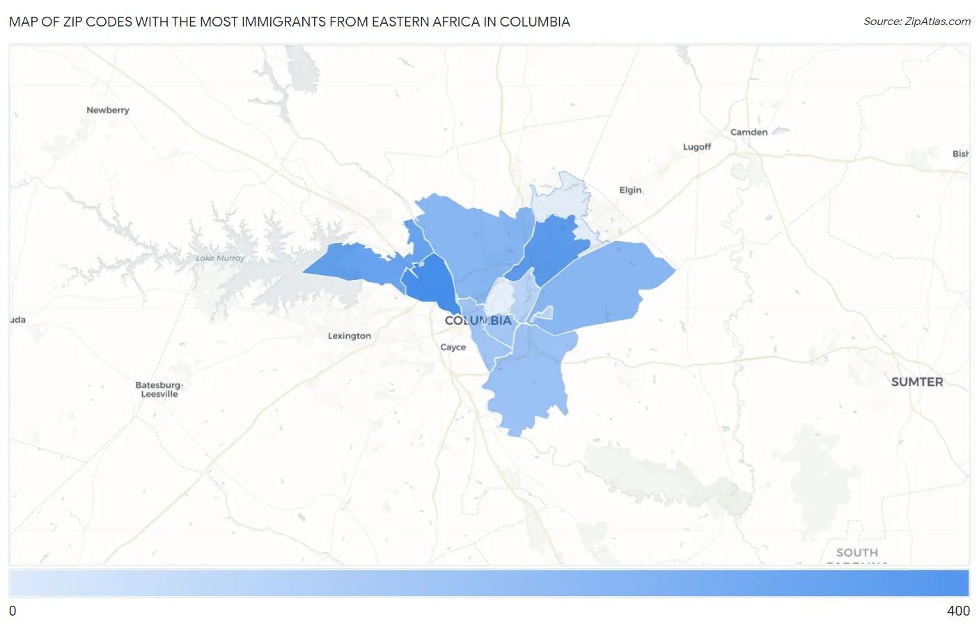 Zip Codes with the Most Immigrants from Eastern Africa in Columbia Map