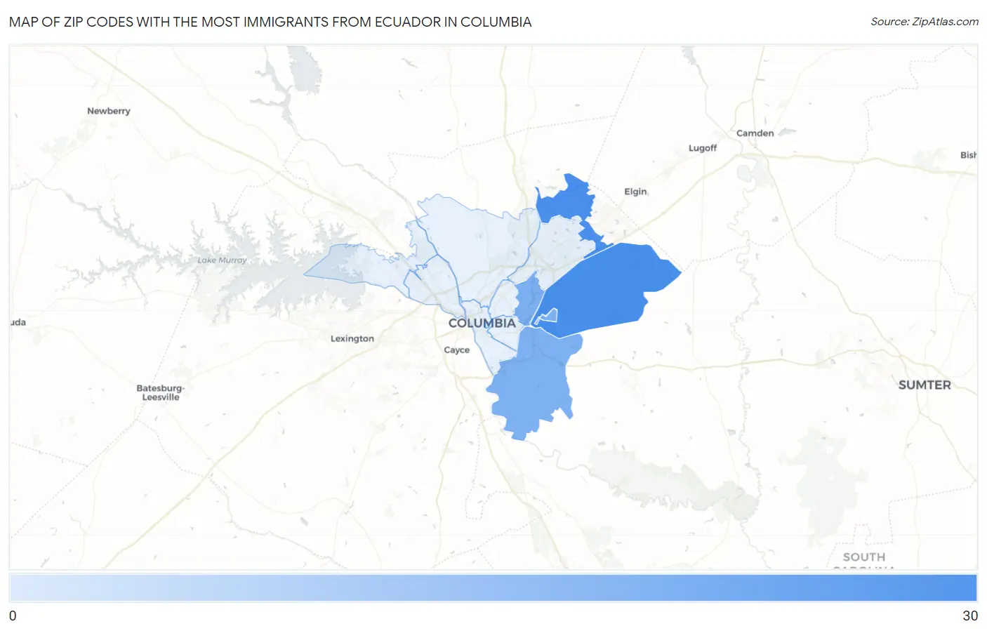 Zip Codes with the Most Immigrants from Ecuador in Columbia Map