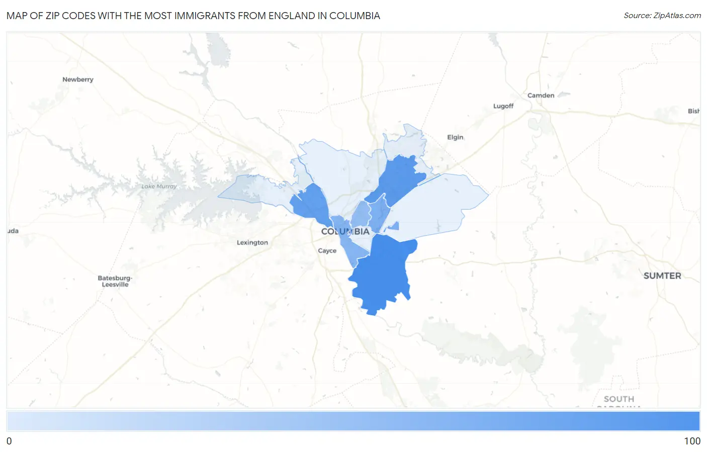Zip Codes with the Most Immigrants from England in Columbia Map