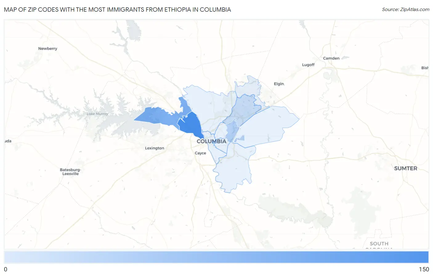 Zip Codes with the Most Immigrants from Ethiopia in Columbia Map