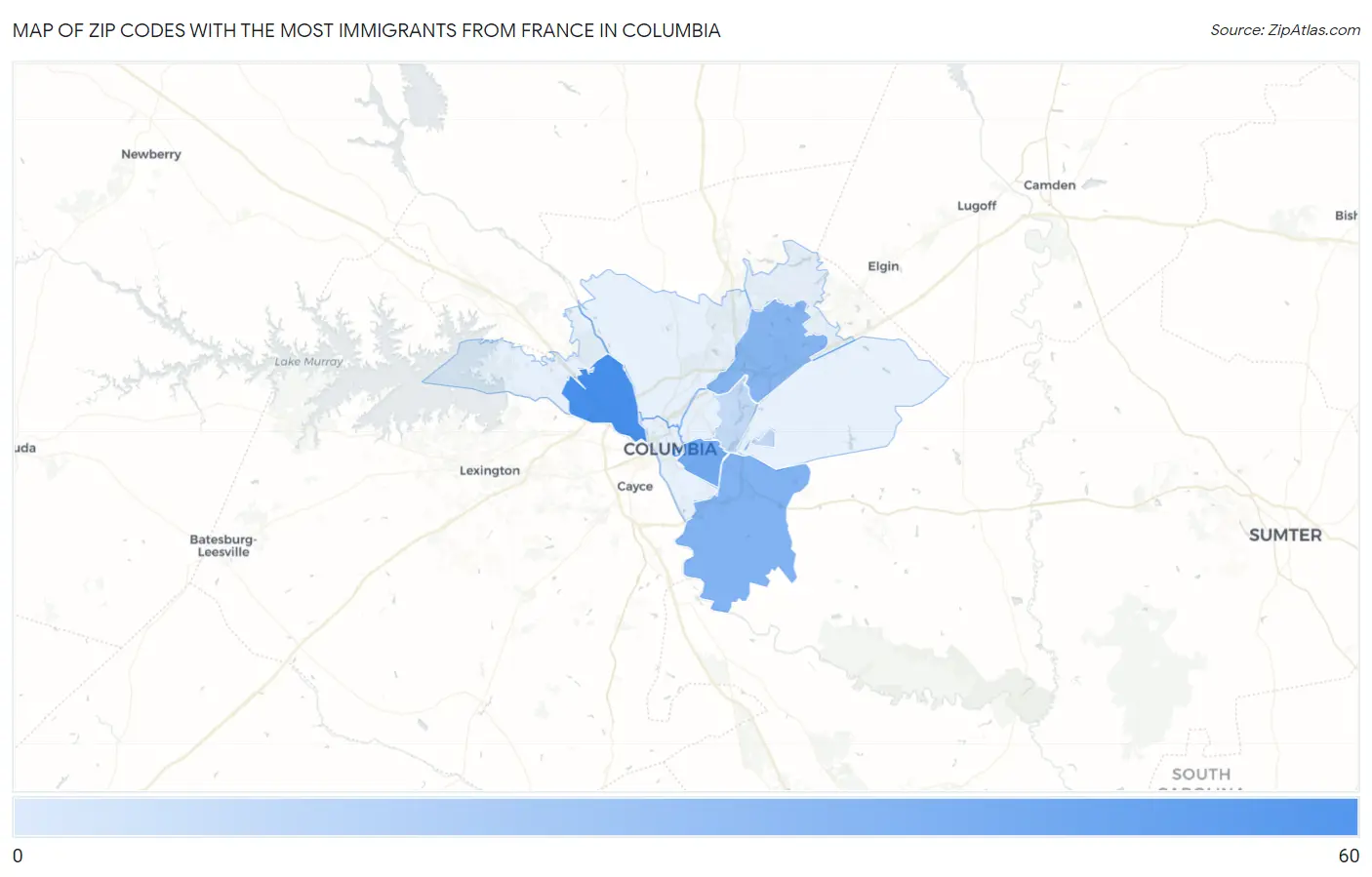 Zip Codes with the Most Immigrants from France in Columbia Map