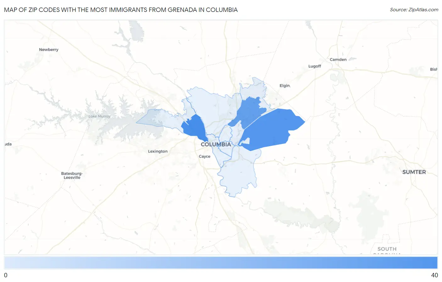 Zip Codes with the Most Immigrants from Grenada in Columbia Map