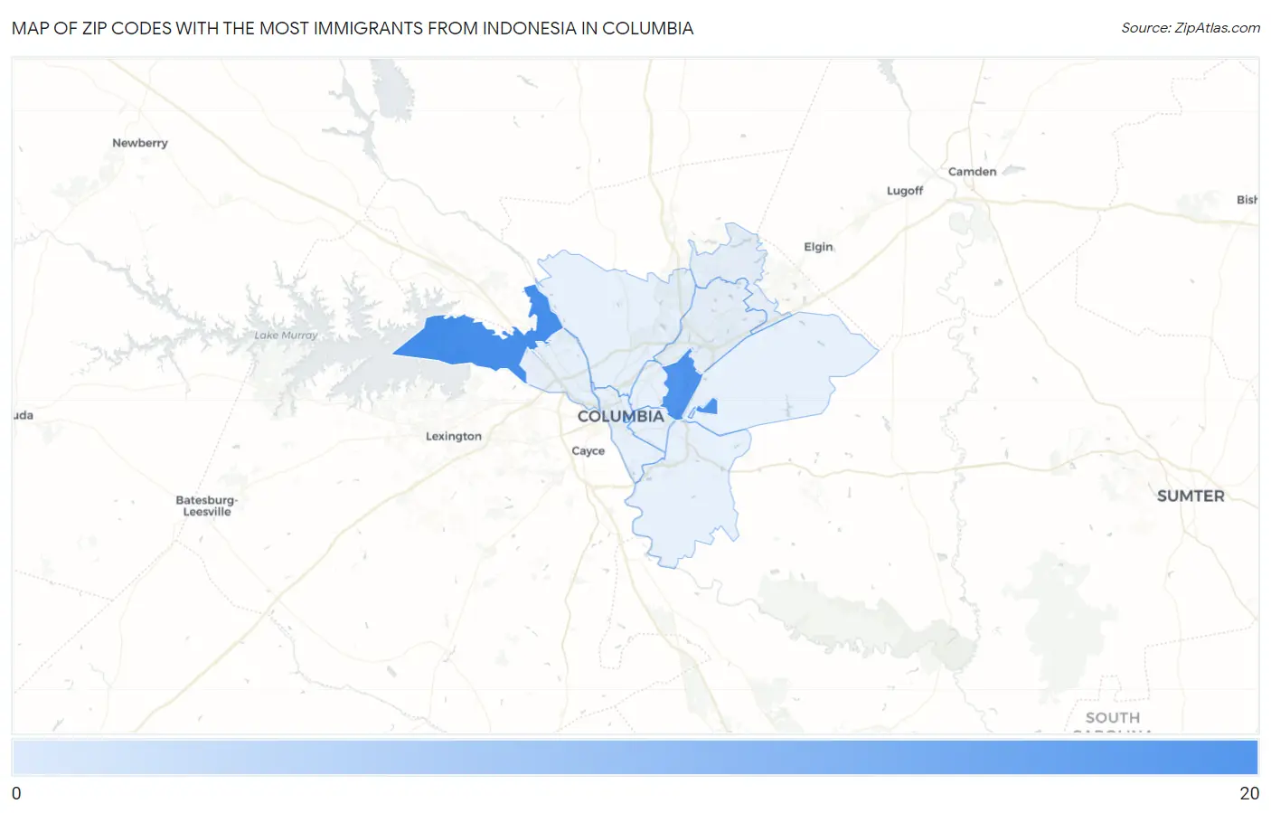 Zip Codes with the Most Immigrants from Indonesia in Columbia Map