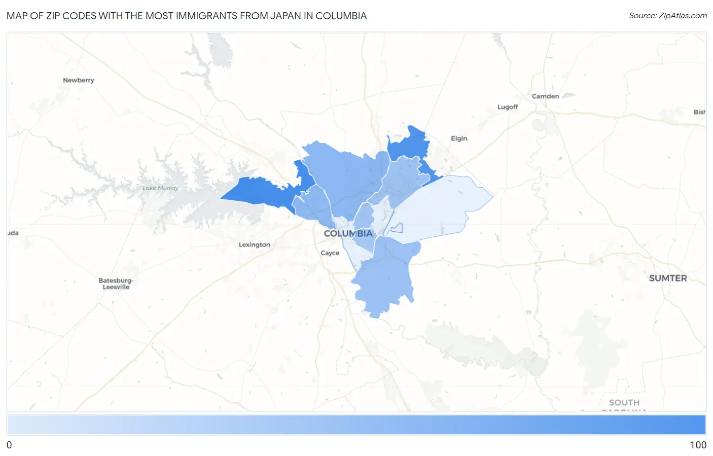 Zip Codes with the Most Immigrants from Japan in Columbia Map