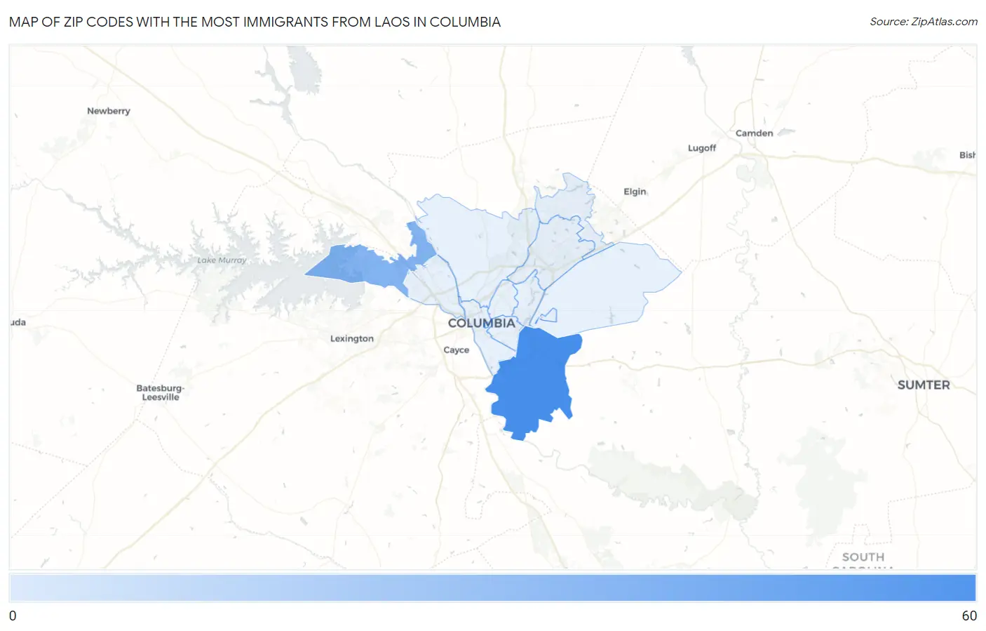 Zip Codes with the Most Immigrants from Laos in Columbia Map