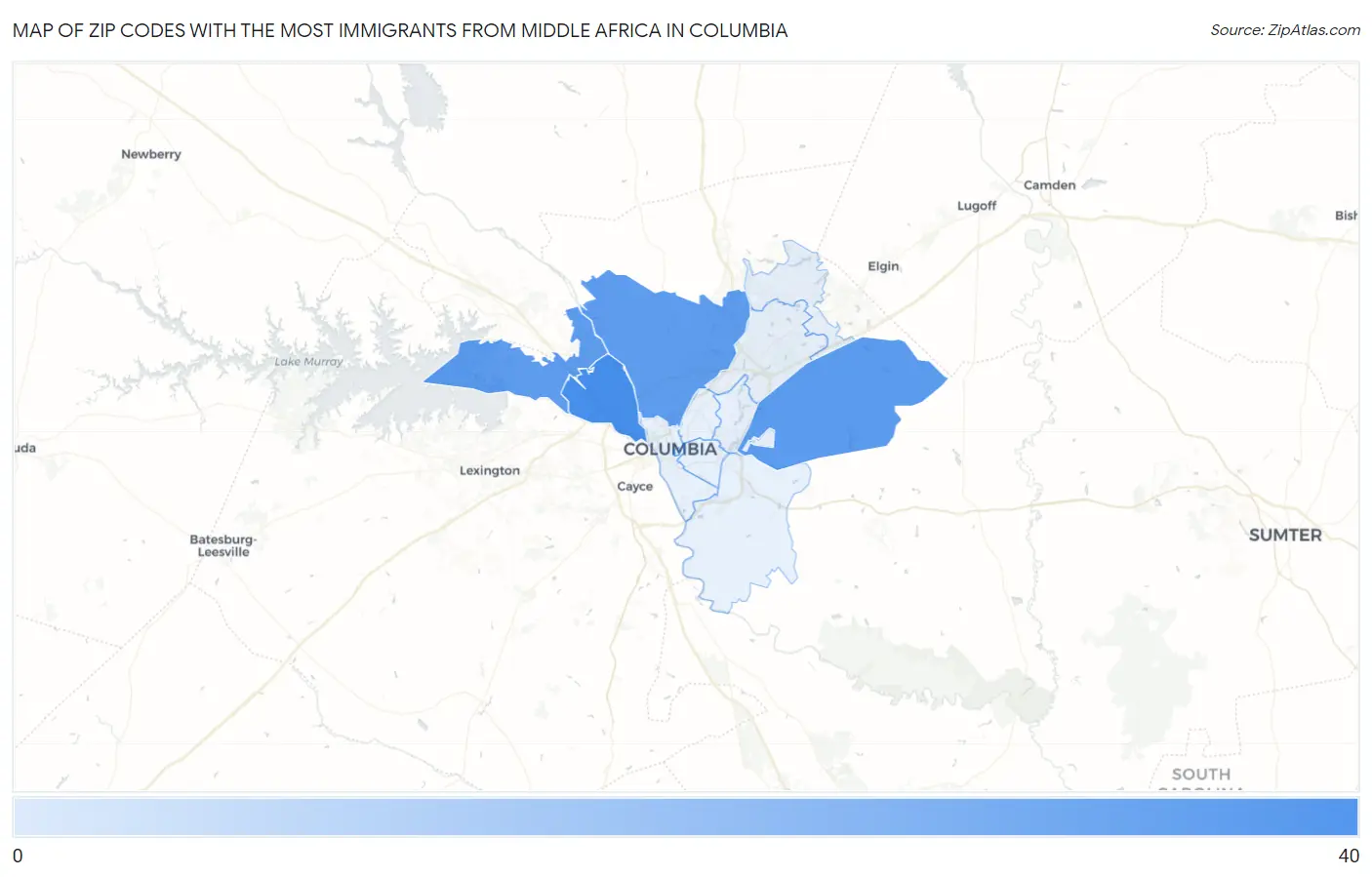 Zip Codes with the Most Immigrants from Middle Africa in Columbia Map