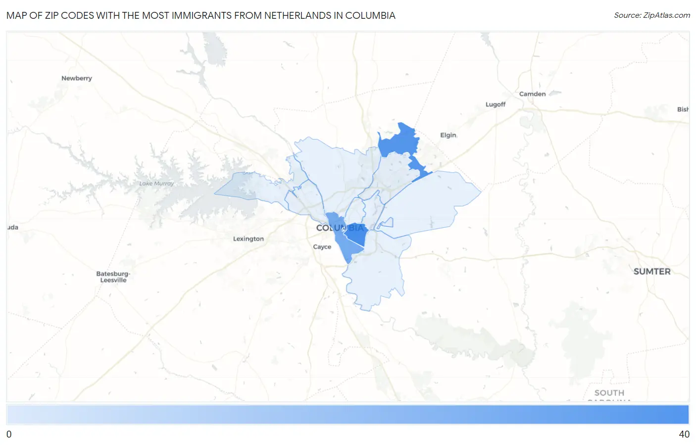 Zip Codes with the Most Immigrants from Netherlands in Columbia Map