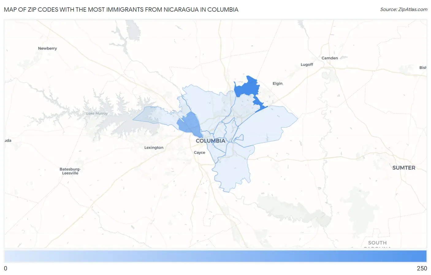 Zip Codes with the Most Immigrants from Nicaragua in Columbia Map