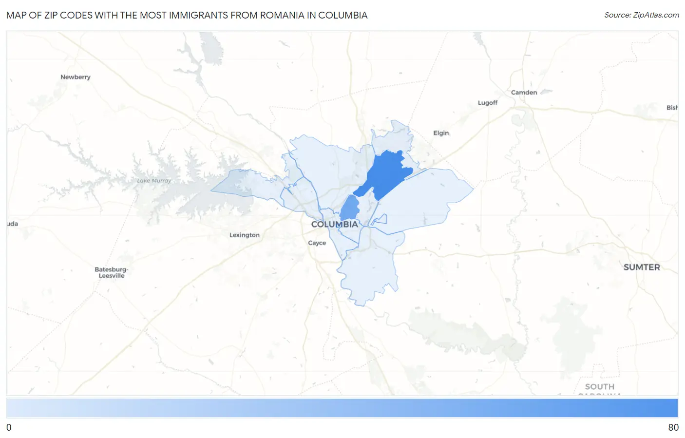 Zip Codes with the Most Immigrants from Romania in Columbia Map