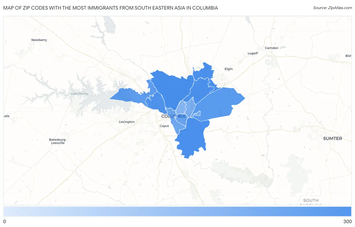 Zip Codes with the Most Immigrants from South Eastern Asia in Columbia Map